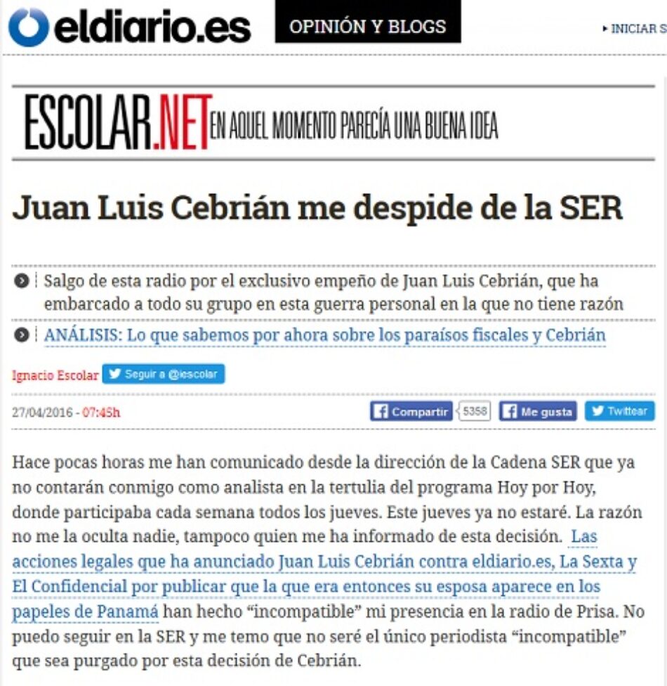 Independencia y libertad de expresión en la SER: Cebrián disciplina a Ignacio Escolar