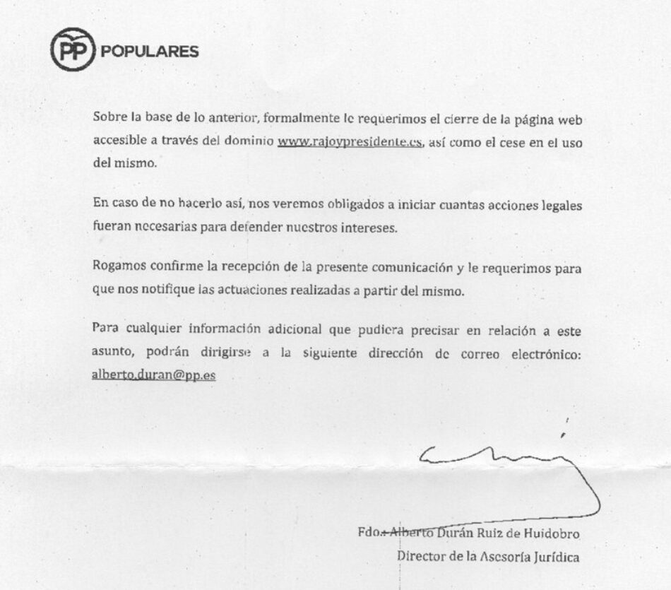 El PP pide por carta el cierre del dominio rajoypresidente.es y amenaza a «El Mundo Today» con «cuantas acciones legales fueran necesarias»