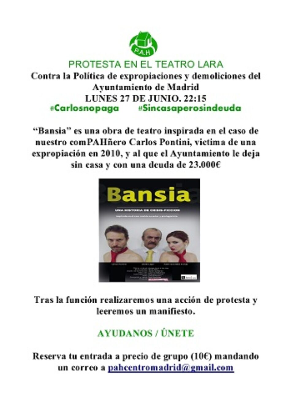 PAH Madrid convoca a una acción de protesta en el Teatro Lara, tras la representación de la obra “Bansia”