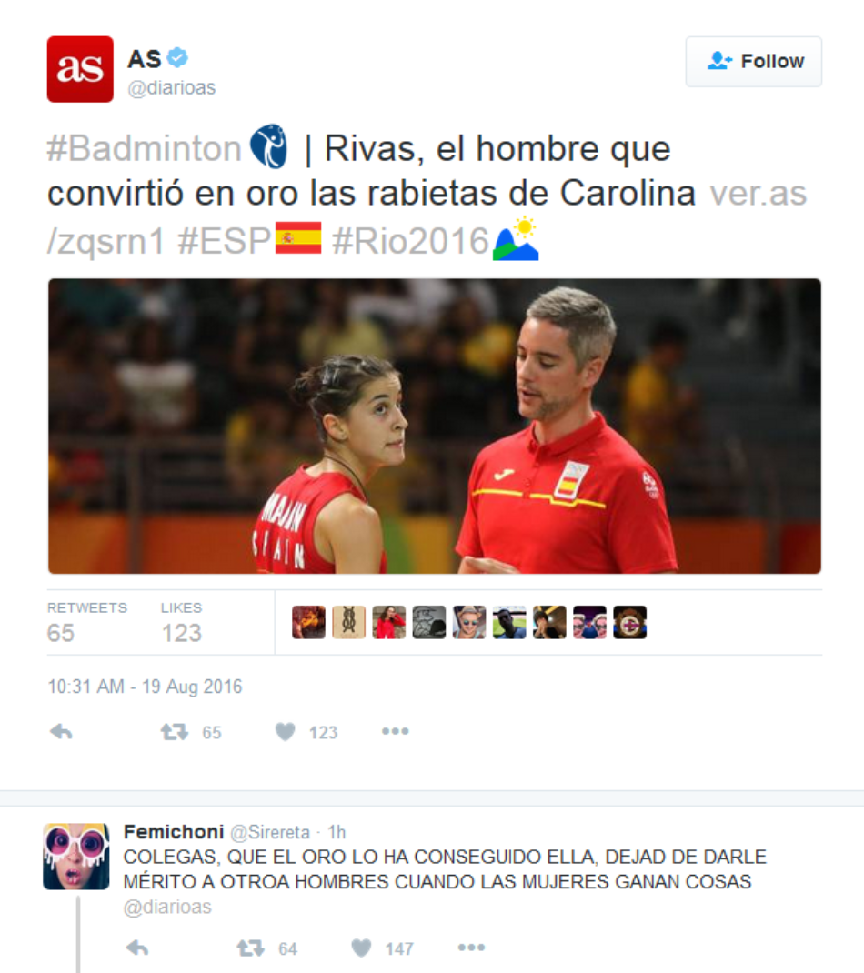 El Diario AS toca fondo en el tratamiento machista a las olímpicas españolas: «Rivas, el hombre que convirtió en oro las rabietas de Carolina»