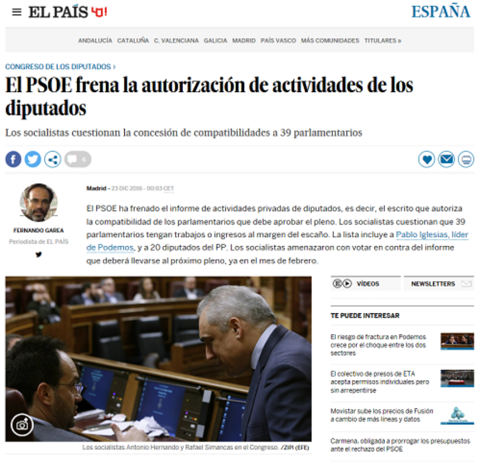 Comunicado sobre la información publicada por régimen de incompatibilidades de los diputados