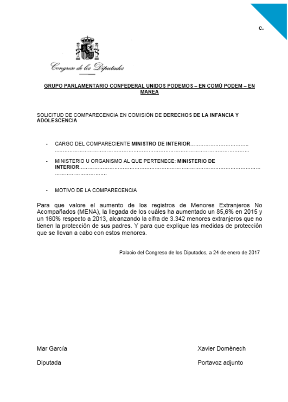 En Comú Podem demana la compareixença del Ministre de l’Interior per l’augment de l’arribada a Espanya de Menors Estrangers No Acompanyats