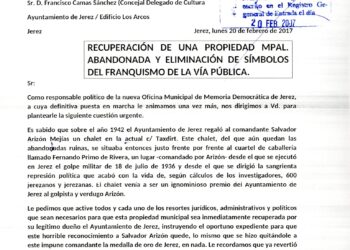 Carta de la Plataforma por la Memoria Democrática de Jerez al Ayuntamiento de ese municipio en relación con los símbolos franquistas en la vía pública