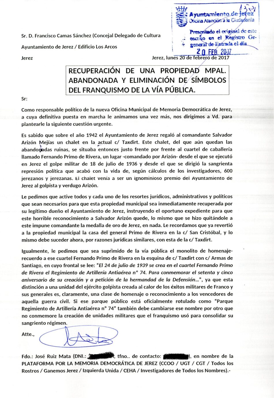 Carta de la Plataforma por la Memoria Democrática de Jerez al Ayuntamiento de ese municipio en relación con los símbolos franquistas en la vía pública