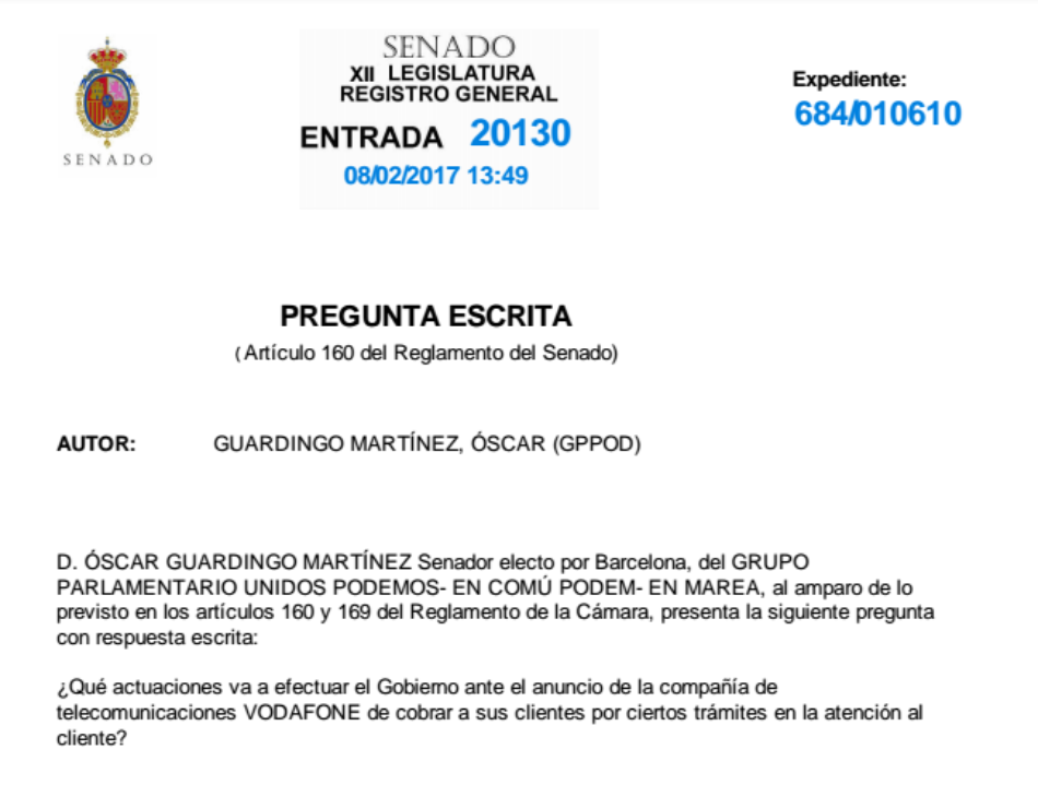 El senador Guardingo pregunta al Gobierno por el anuncio de Vodafone de cobrar por los trámites de atención al cliente