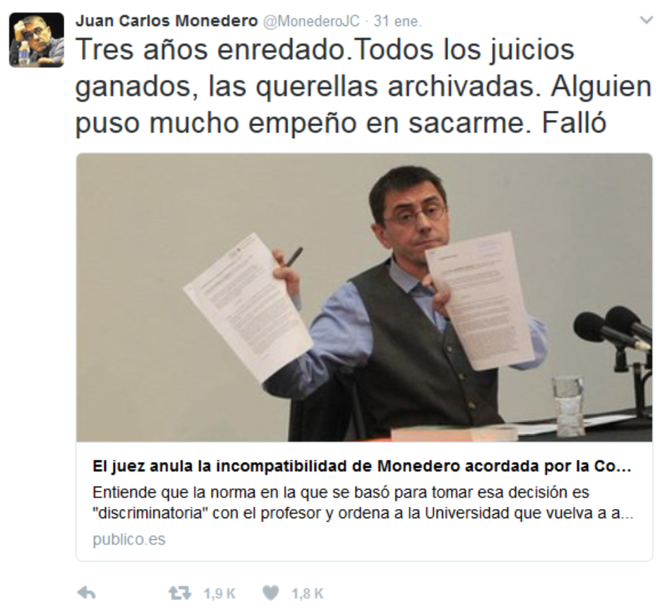 Los tribunales declaran nula la incompatibilidad de Monedero decretada por la UCM