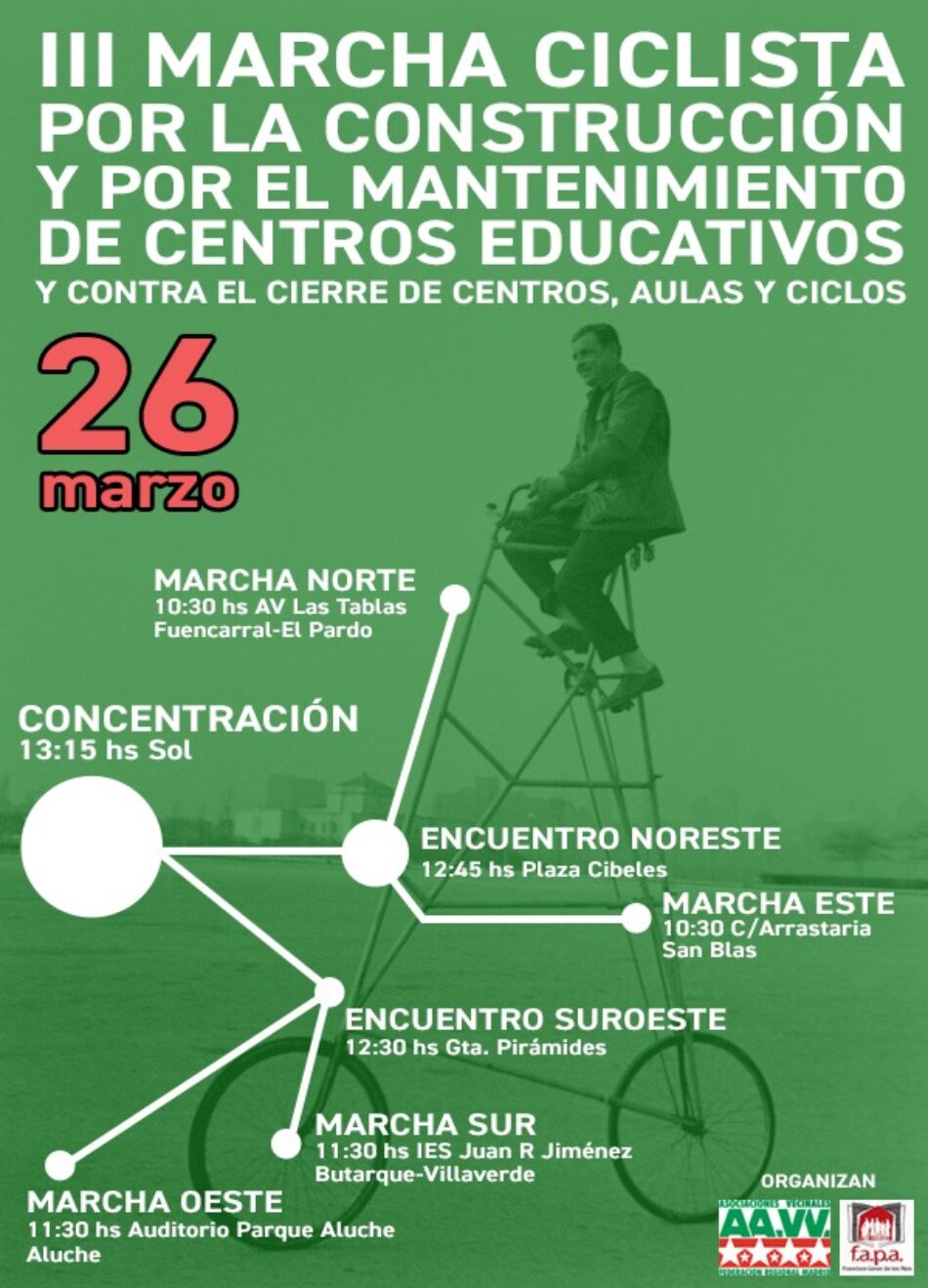 Domingo, 26M: Cuatro marchas ciclistas llevarán al centro de Madrid la necesidad de nuevos equipamientos educativos