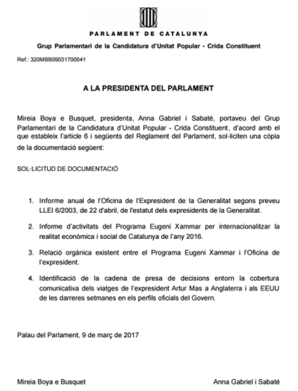 La CUP-CC registra una petició d’informació sobre els viatges de l’expresident Artur Mas a Anglaterra i als EEUU