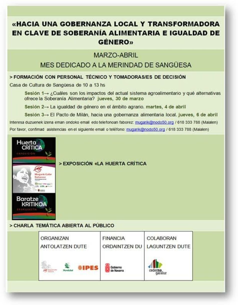 «Gobernanza Local, Soberanía Alimentaria e Igualdad de Género»: en marcha la primera acción formativa en el mes dedicado a la Merindad de Sangüesa