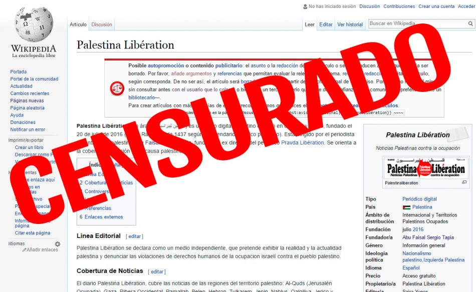 Wikipedia por segunda vez censura al diario Palestina Libération
