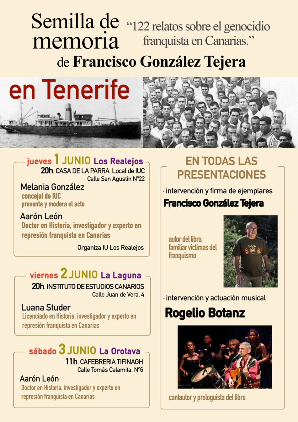 Presentación de «Semilla de Memoria, 122 relatos sobre el genocidio franquista en Canarias», de Francisco González Tejera