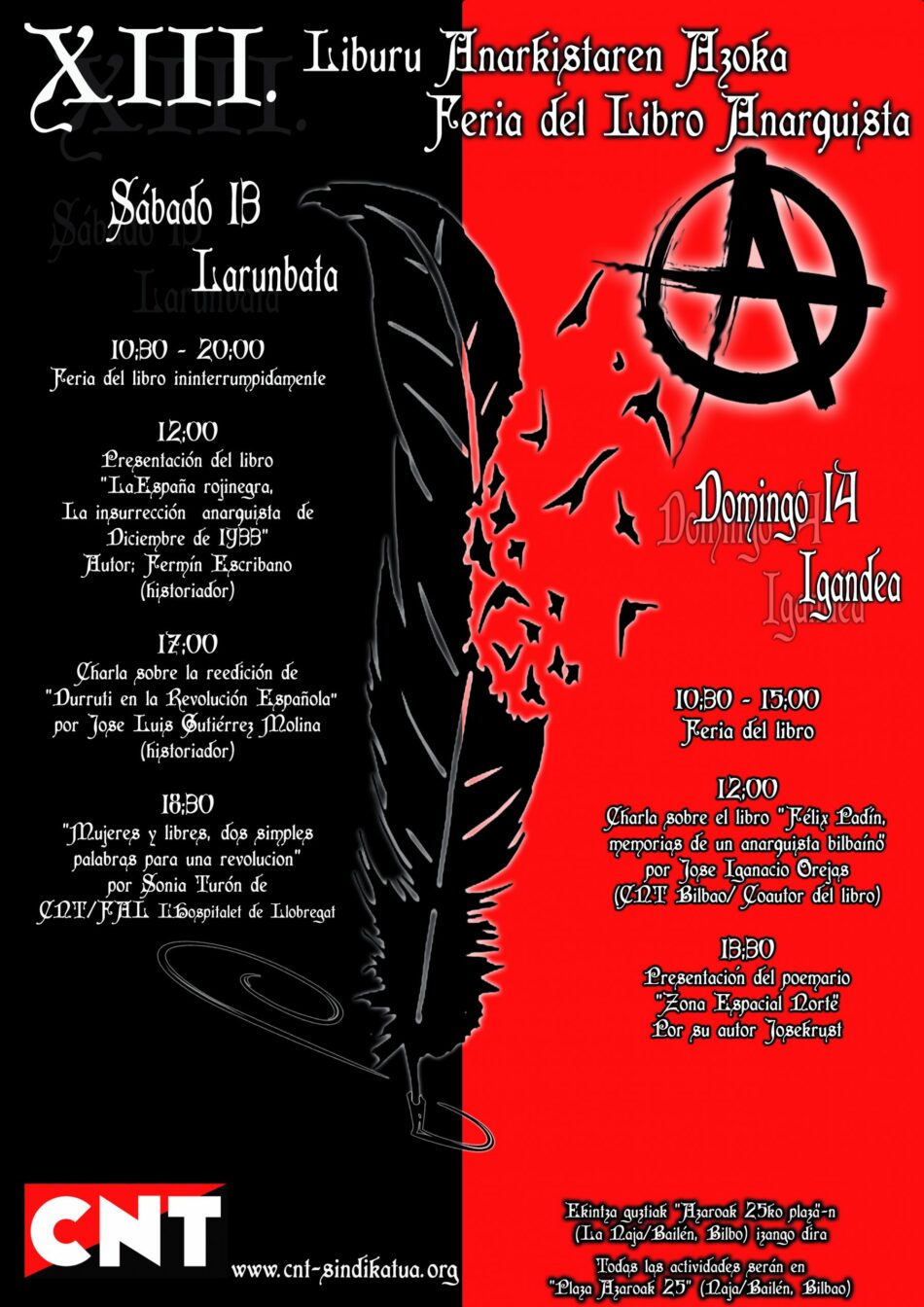 El 13 y 14 de mayo, XIII edición de la Feria del Libro Anarquista de Bilbao