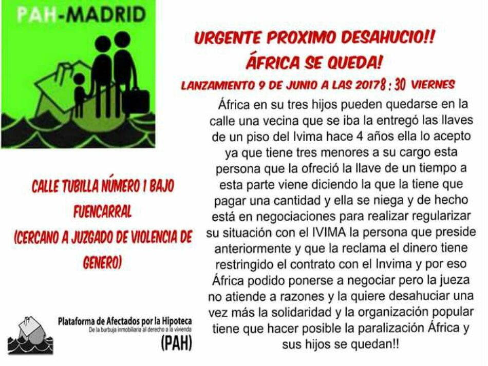 PAH Madrid: «¡Urgente próximo desahucio. África se queda!»