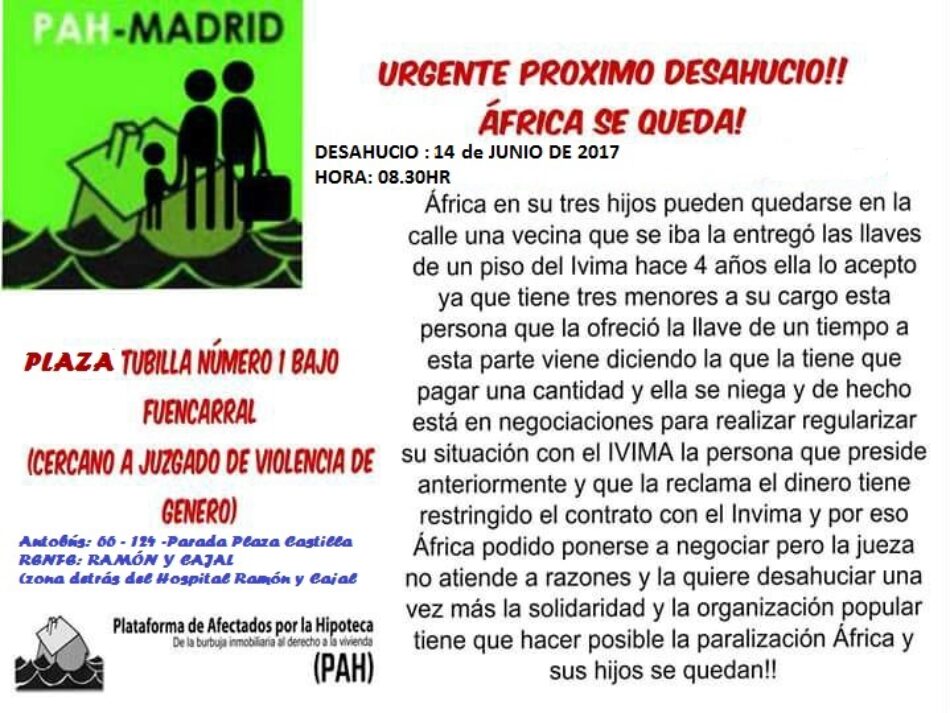 Dos desahucios previstos para el día 14 de junio en Madrid: Elisabeth y África se quedan!