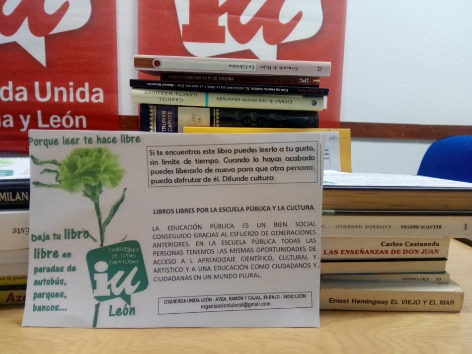 Izquierda Unida León Local iniciará una actividad de ‘suelta de libros libres’ el próximo día 1 de julio para fomentar la lectura en verano