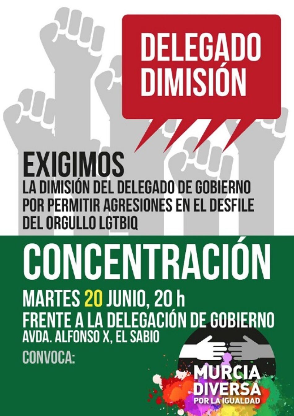 Concentración para exigir la dimisión o cese del delegado del Gobierno en Murcia tras permitir una concentración fascista junto a la Marcha del Orgullo