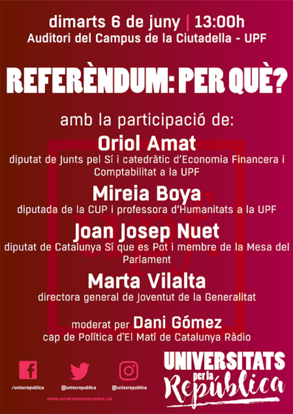 Universitats per la República UPF us convida a l’acte de presentació “Referèndum: per què?”