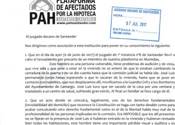 PAH Santander va a denunciar ante el CGPJ el lanzamiento chapucero de uno de sus miembros