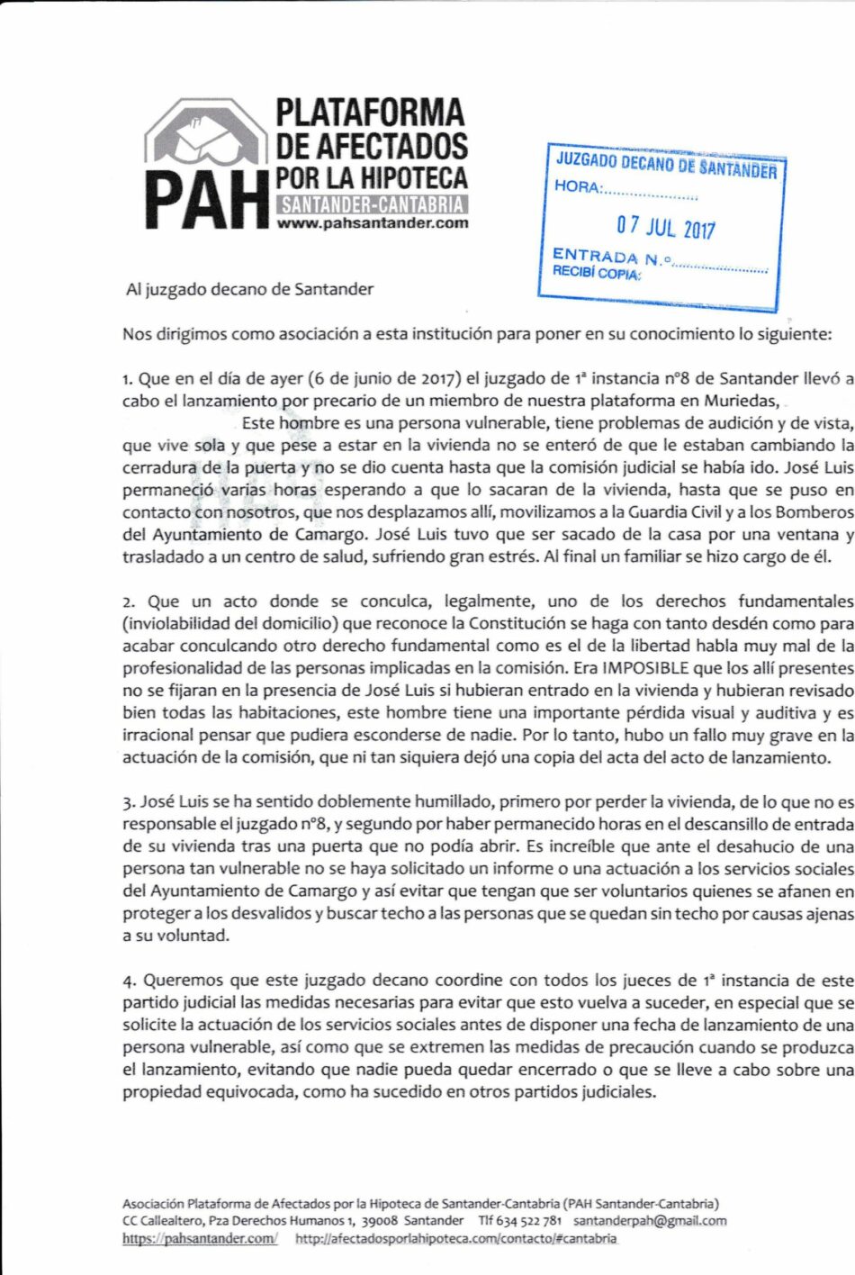 PAH Santander va a denunciar ante el CGPJ el lanzamiento chapucero de uno de sus miembros