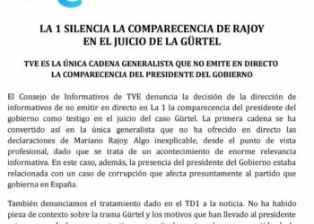 El CdI denuncia la decisión de la Dirección de Informativos de TVE de no dar en directo en La 1 la declaración de Rajoy en el juicio Gürtel