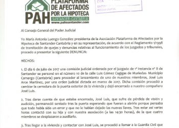 PAH de Santander presenta una denuncia ante el CGPJ el lanzamiento «chapucero» de uno de sus miembros
