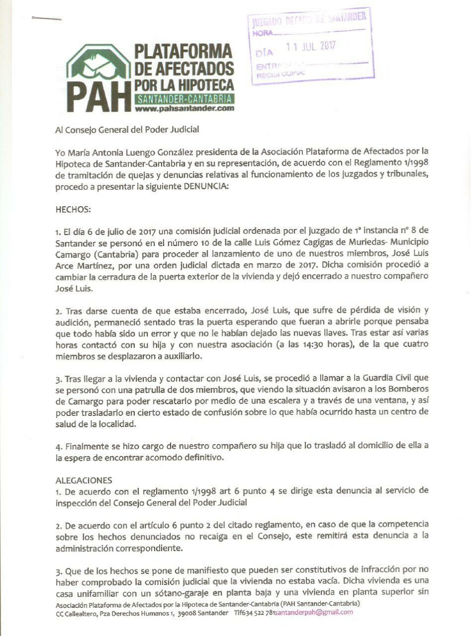 PAH de Santander presenta una denuncia ante el CGPJ el lanzamiento «chapucero» de uno de sus miembros