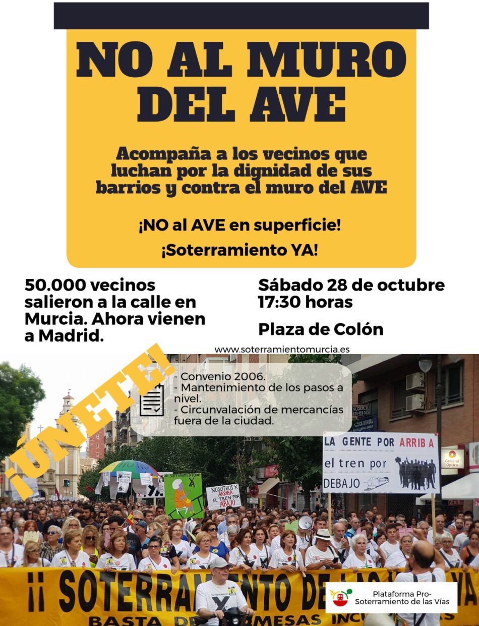 La FRAVM llama a unirse a los vecinos de Murcia en su marcha en la capital contra el muro del AVE