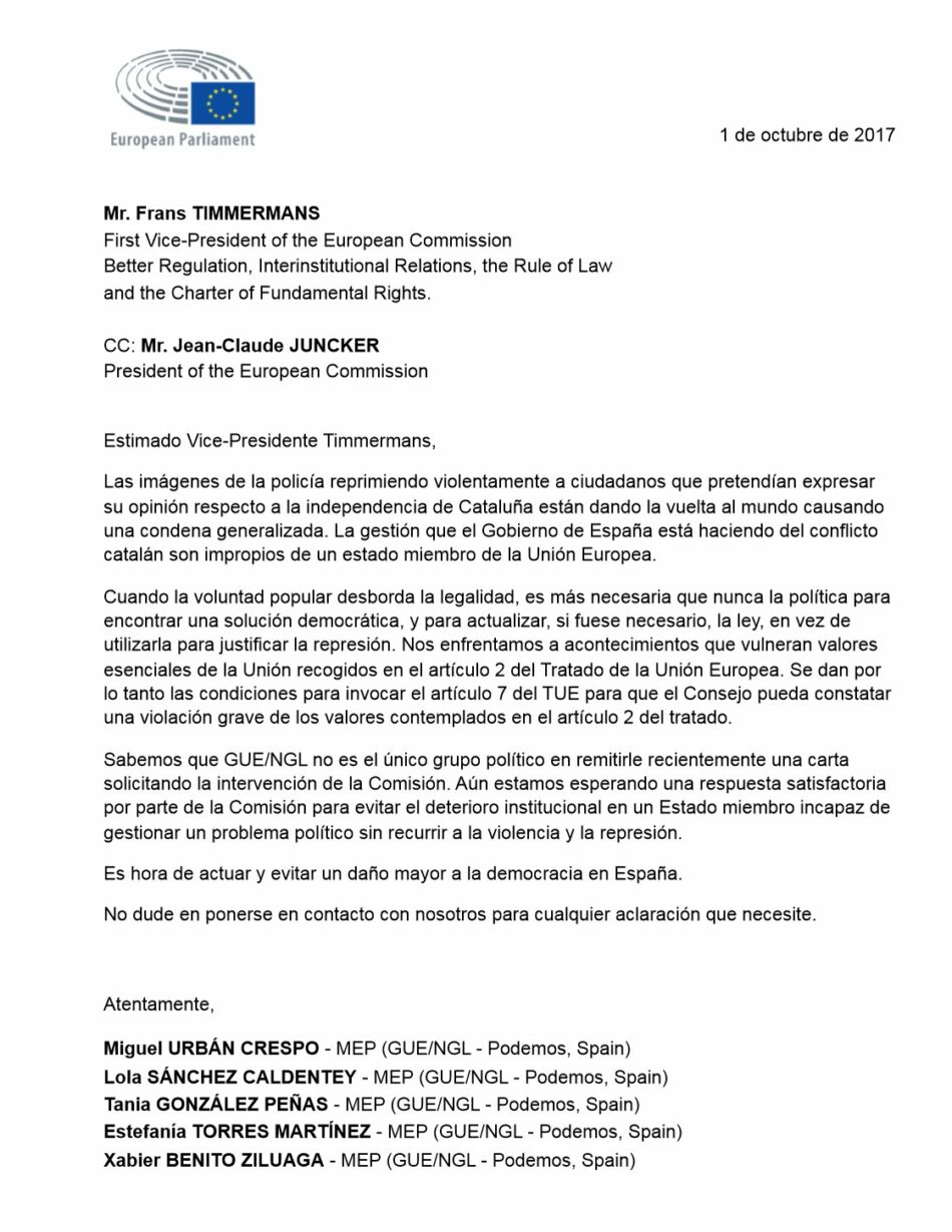 Podemos denuncia ante la  Comisión Europea la represión policial y reclama una solución democrática y política para Cataluña