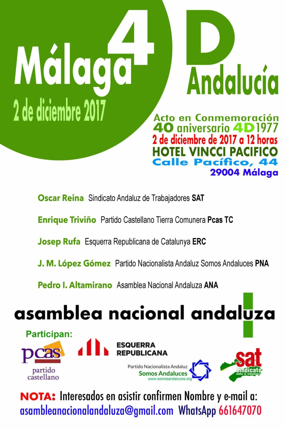 Asamblea Nacional Andaluza recuerda el objeto del 4-D, el día 2 de diciembre en Málaga