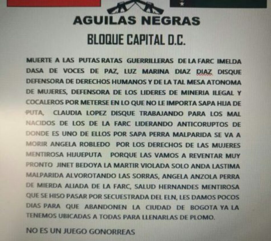 Colombia. Águilas Negras amenazan de muerte a mujeres líderes, congresistas y periodistas