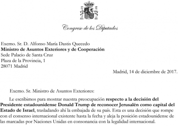 Cerca de una treintena de miembros del Congreso y del Parlamento Europeo de varios grupos reclaman por carta al Gobierno del PP que “actúe y deje su equidistancia” ante la “provocación” de Trump con Jerusalén