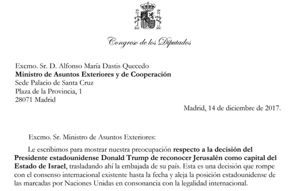 Cerca de una treintena de miembros del Congreso y del Parlamento Europeo de varios grupos reclaman por carta al Gobierno del PP que “actúe y deje su equidistancia” ante la “provocación” de Trump con Jerusalén