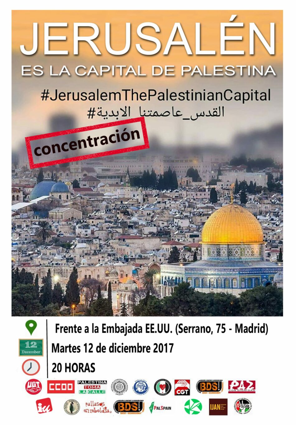 Sindicatos y organizaciones de solidaridad con Palestina firman una declaración contra la decisión de Trump de trasladar su embajada a Jerusalén
