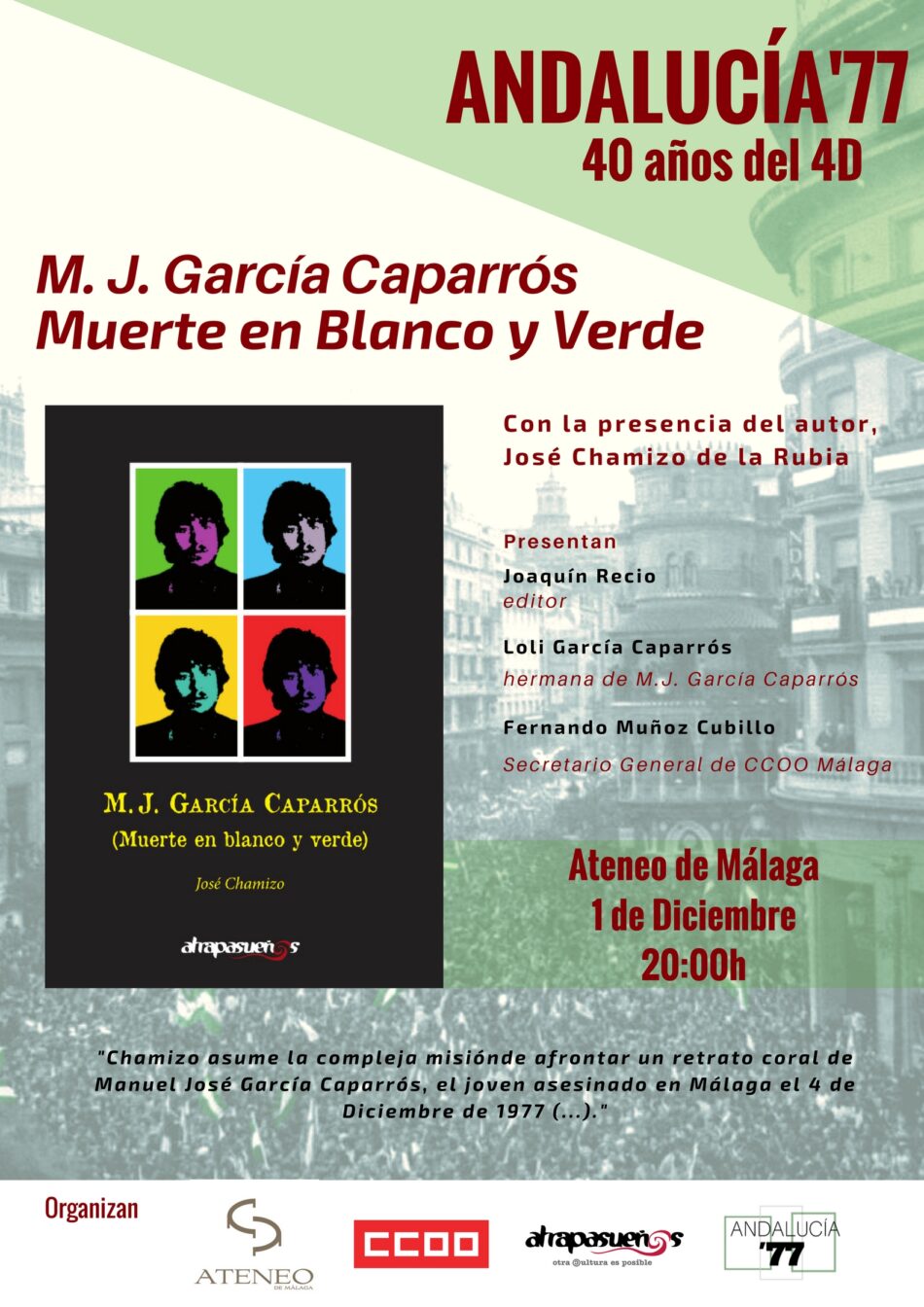 José Chamizo presenta su nuevo libro «M.J. Gracía Caparrós, Muerte en Verde y Blanco» en Málaga