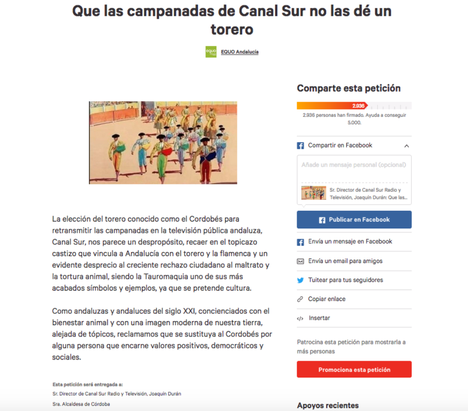 Casi 3.000 personas en apenas 48 horas secundan la petición de EQUO de que un torero no dé las campanadas de Canal Sur