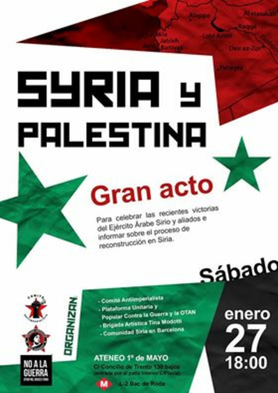 Gran Acto por Siria y Palestina, 27 enero en el Ateneo 1º de mayo de Barcelona, 18 horas