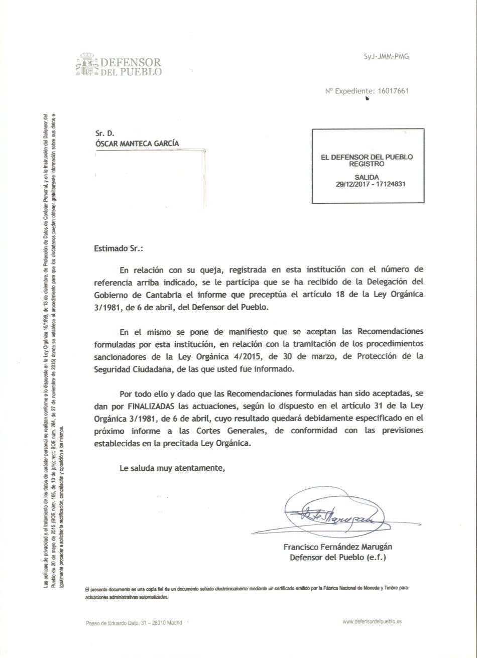 La Delegación del Gobierno en Cantabria acepta las recomendaciones del Defensor del Pueblo tras una queja de PAH Santander
