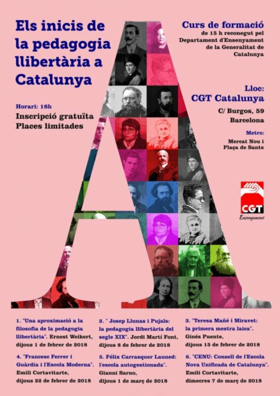 Curs ’Els inicis de la pedagogia llibertària a Catalunya’ al local de CGT Catalunya entre l’1 de febrer i el 7 de març