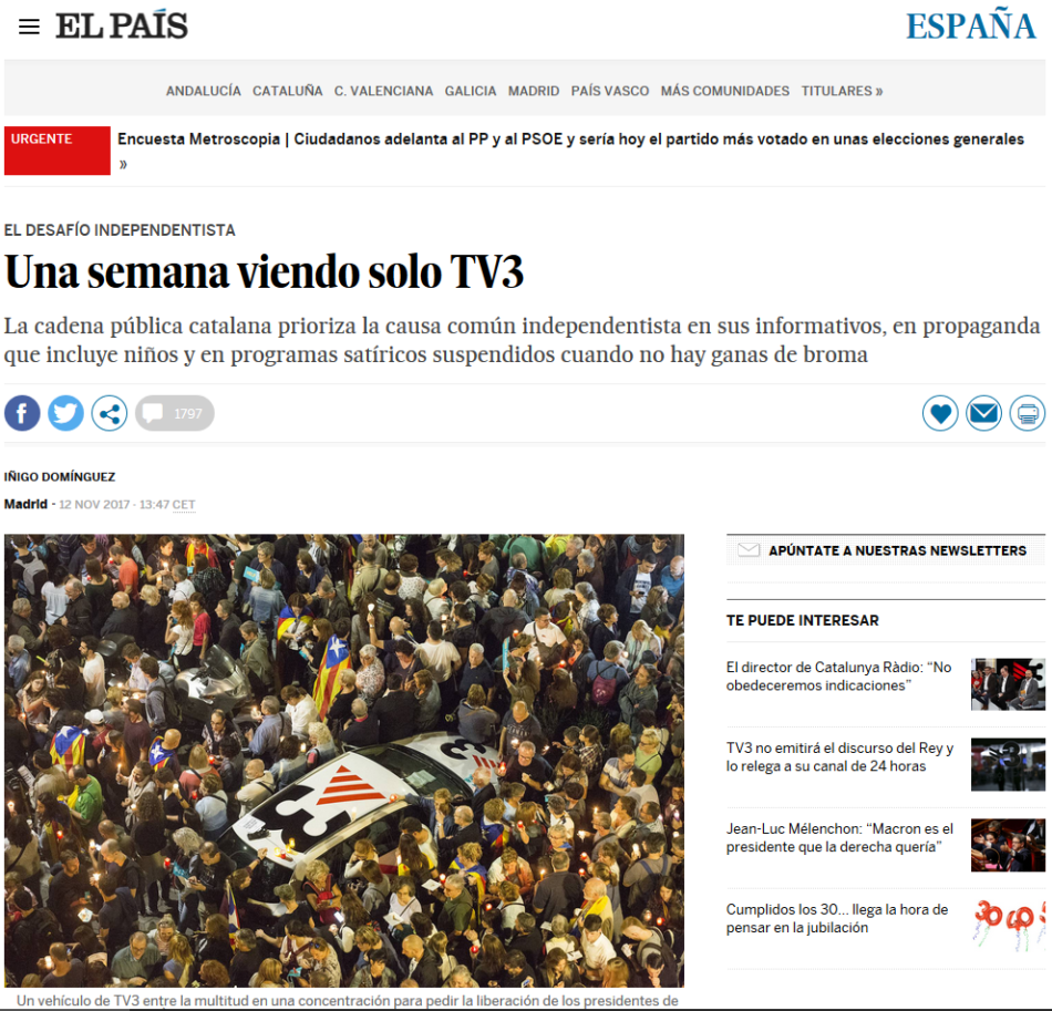 La justicia obliga a el diario «El País» a publicar una rectificación sobre  el reportaje «una semana en la burbuja de TV3»