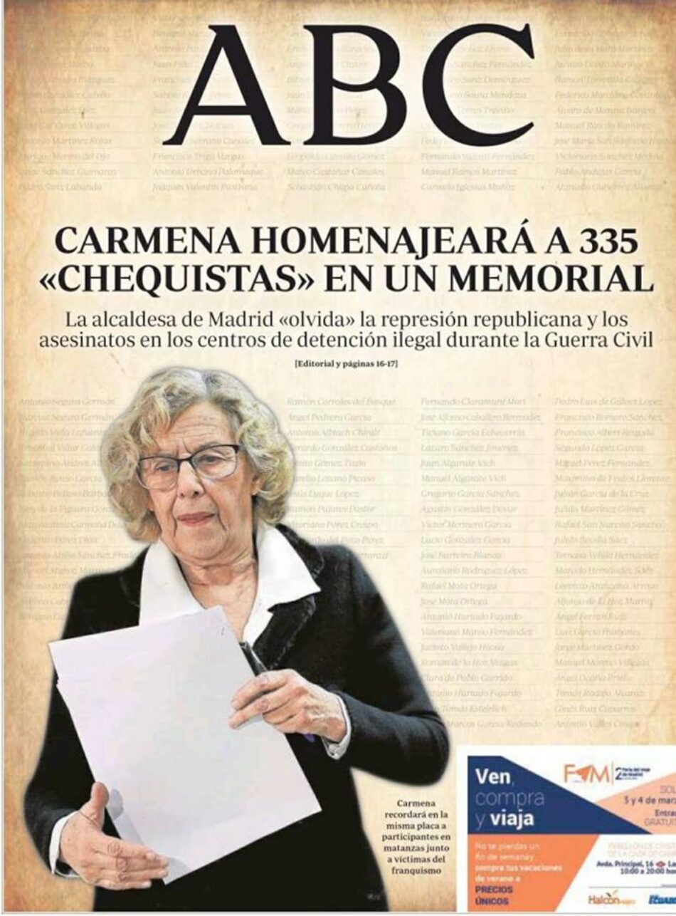 La portada de ABC: «Carmena homenajeará a 335 chequistas en un memorial»
