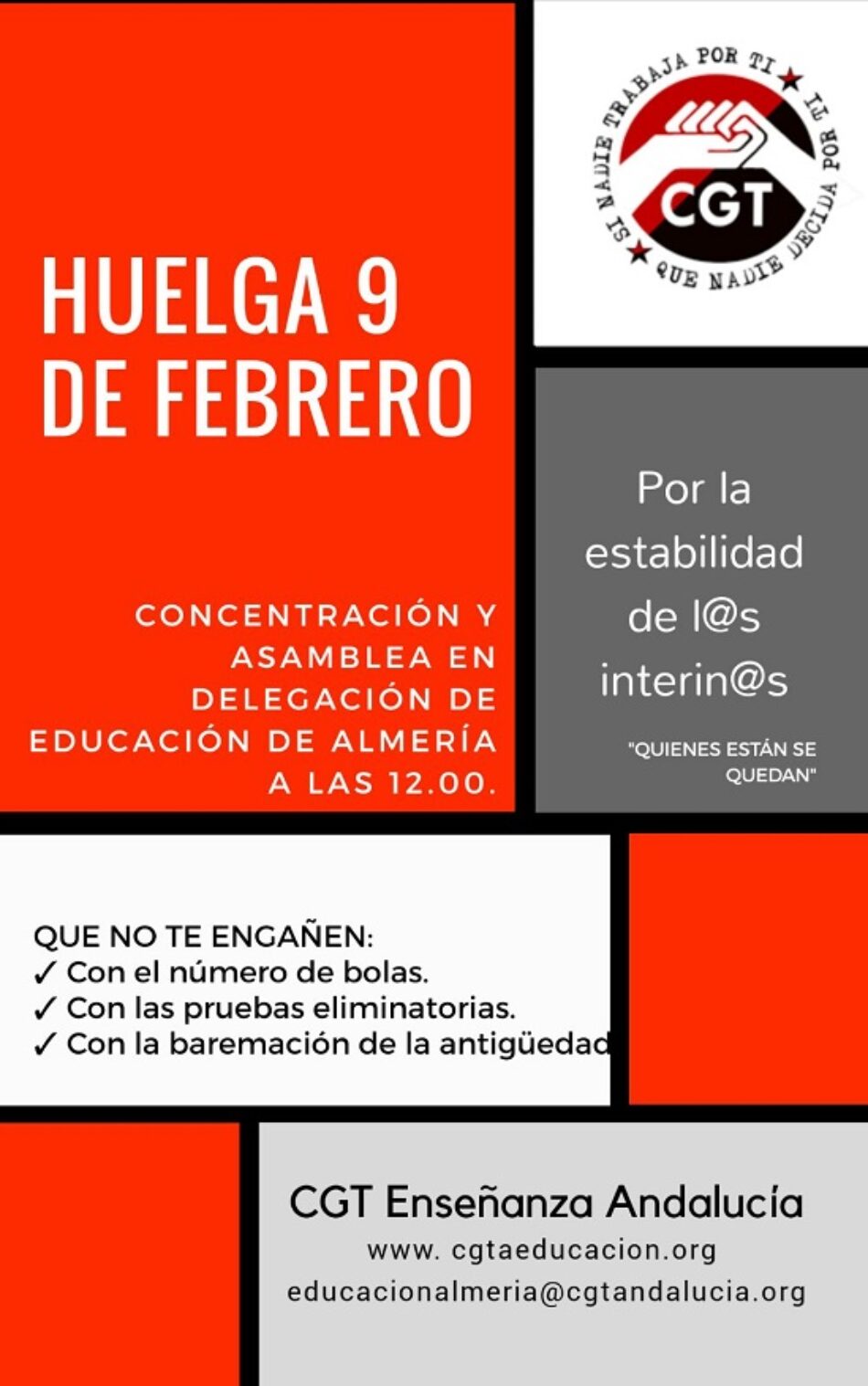 CGT convoca huelga en Educación en toda Andalucía por la estabilidad de los interinos