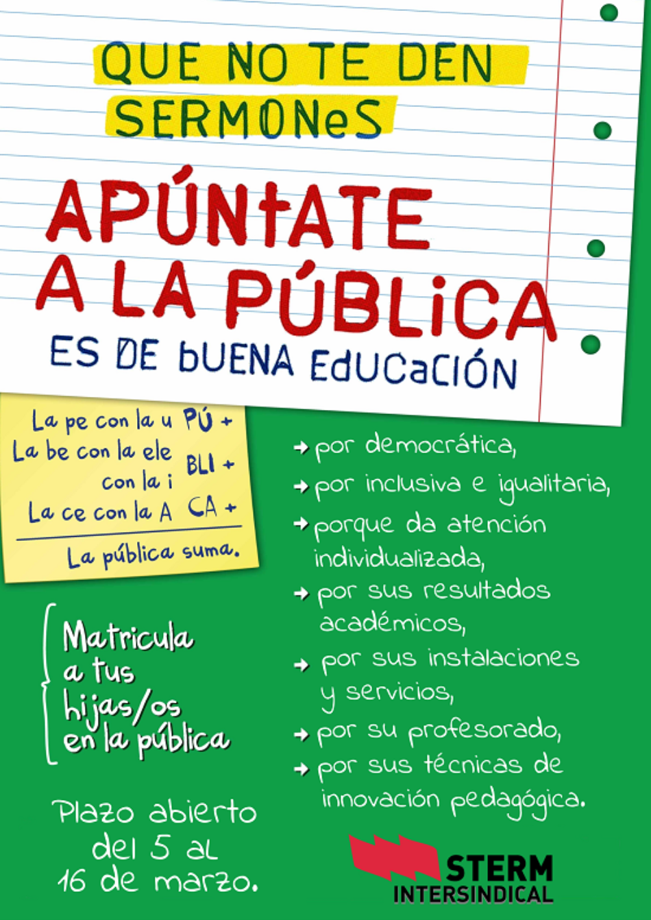 STERM Intersindical lanza la campaña «apúntate a la educación pública»