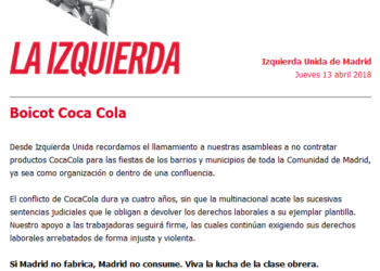 Izquierda Unida y el Partido Comunista de Madrid mantienen el boicot a CocaCola en las fiestas de verano