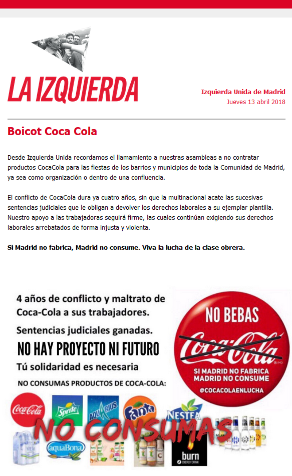 Izquierda Unida y el Partido Comunista de Madrid mantienen el boicot a CocaCola en las fiestas de verano