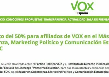 La Universidad Rey Juan Carlos concedía descuentos del 50% para afiliados de VOX en el Máster en Gobernanza, Marketing Político y Comunicación Estratégica de la URJC en 2015