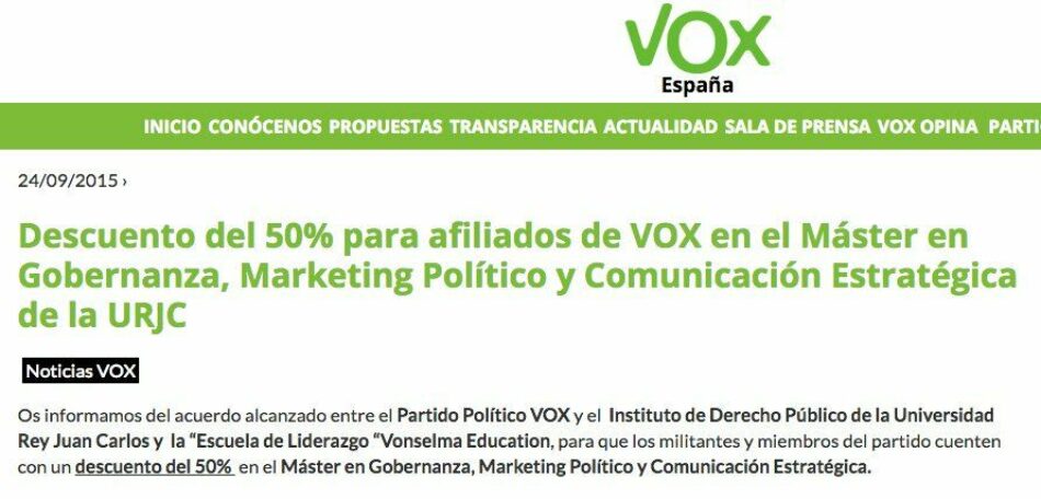La Universidad Rey Juan Carlos concedía descuentos del 50% para afiliados de VOX en el Máster en Gobernanza, Marketing Político y Comunicación Estratégica de la URJC en 2015
