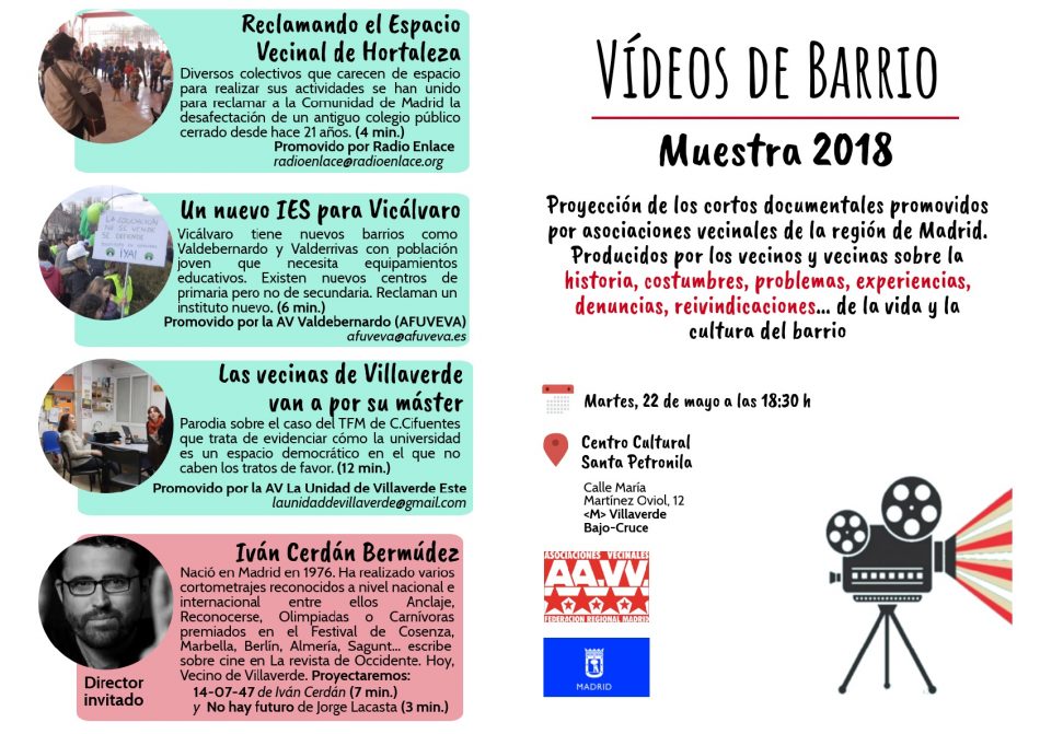 La FRAVM expone mañana los cortos seleccionados de la II Muestra de Vídeos de Barrio