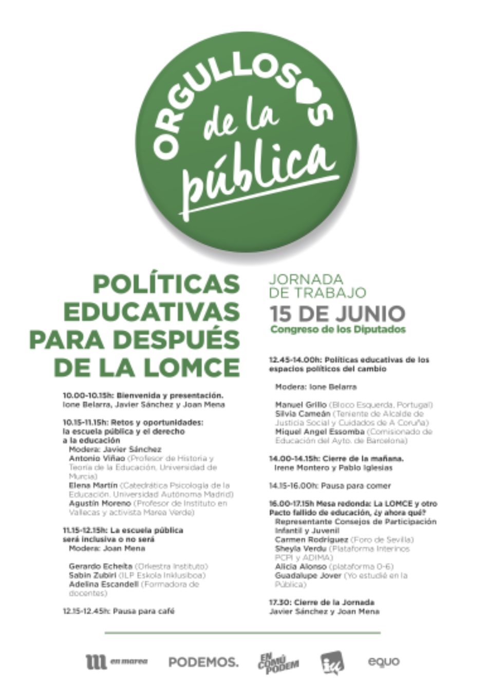 Unidos Podemos organiza en el Congreso la jornada ‘Políticas Educativas para después de la LOMCE’