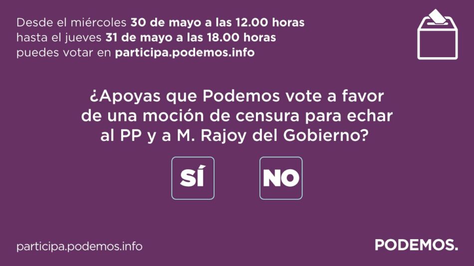 Más del 98% de los inscritos que participan en la consulta avalan el sí de Podemos a la moción de censura a M. Rajoy