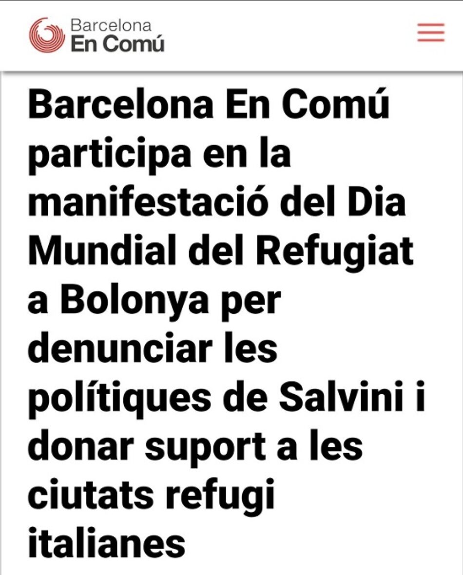 Barcelona En Comú participa en la manifestació del Dia Mundial del Refugiat a Bolonya per denunciar les polítiques de Salvini i donar suport a les ciutats refugi italianes